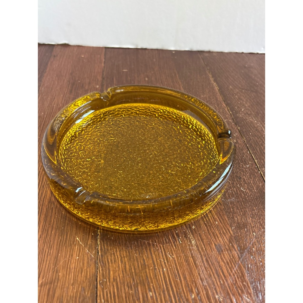 Vintage Amber Glass Ashtray Mid Century Modern Round Textured Pebbled 7 Inch